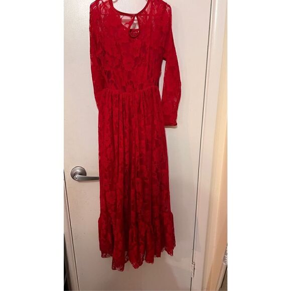 Girls Lace Long Sleeves Scoop Neck Belted Pullover Long Maxi Dress Red Sz 8-9Y - Picture 6 of 10